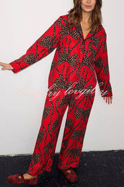 Stylish Colorblock Leopard Print Loose Shirt and Elastic Waist Pocketed Pajama Set