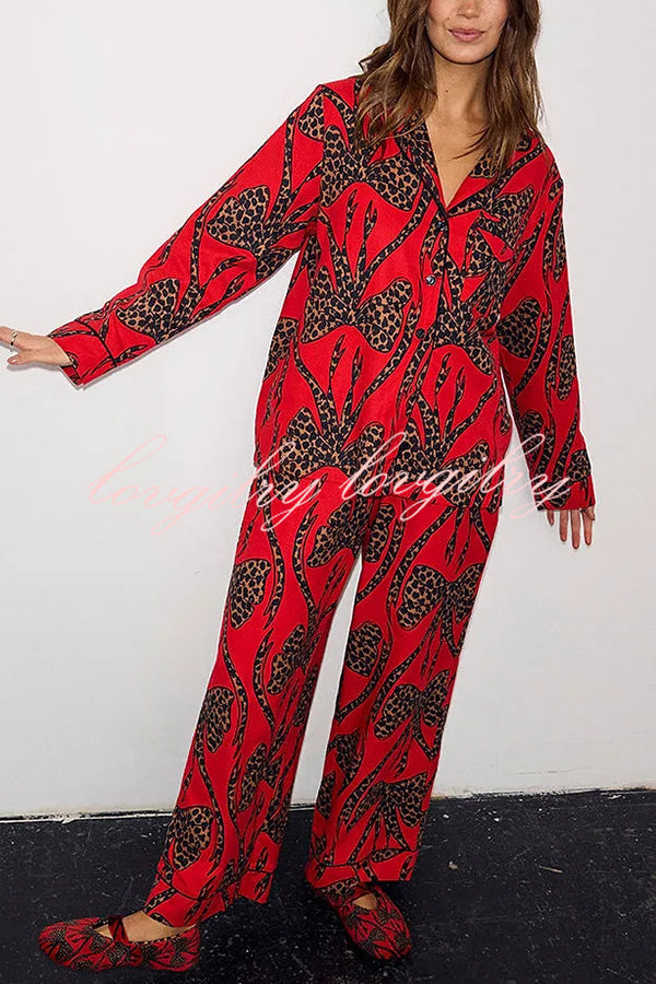 Stylish Colorblock Leopard Print Loose Shirt and Elastic Waist Pocketed Pajama Set