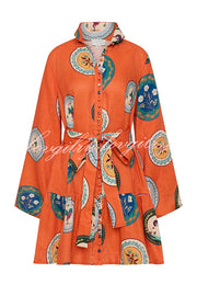 Linen Blend Unique Print Tie Waist Loose Mini Dress