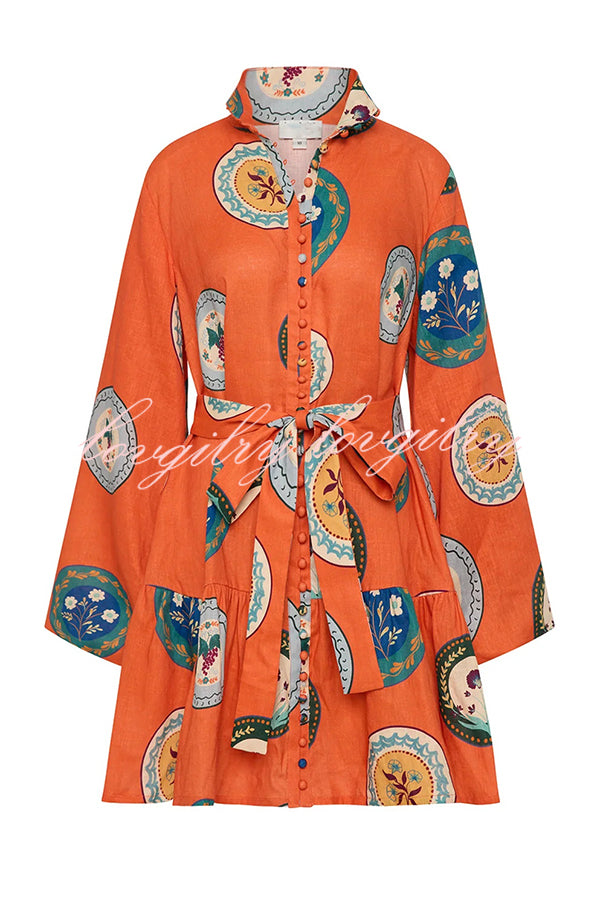 Linen Blend Unique Print Tie Waist Loose Mini Dress