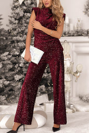 Stylish Sparkly Velvet Sequin Sleeveless Pleated Top and Casual Wide-leg Pants Set