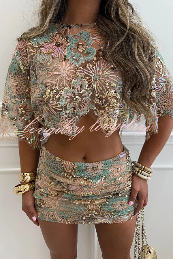 Fashionable Embroidered Flower Sequined Crop Top and Hip-hugging Mini Skirt Set
