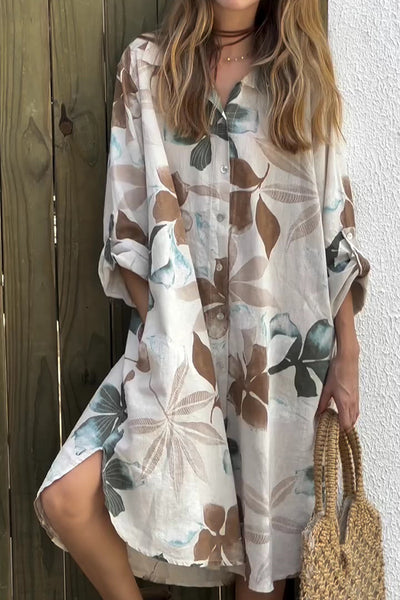 Botanical Print Long-sleeve Pocketed Single-breasted Loose Shirt Style Midi Dress