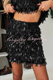 Polished Uptown Sequin Tassel Round Neck Short Sleeve Top and Elastic Waist Mini Skirt Set