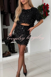 Polished Uptown Sequin Tassel Round Neck Short Sleeve Top and Elastic Waist Mini Skirt Set