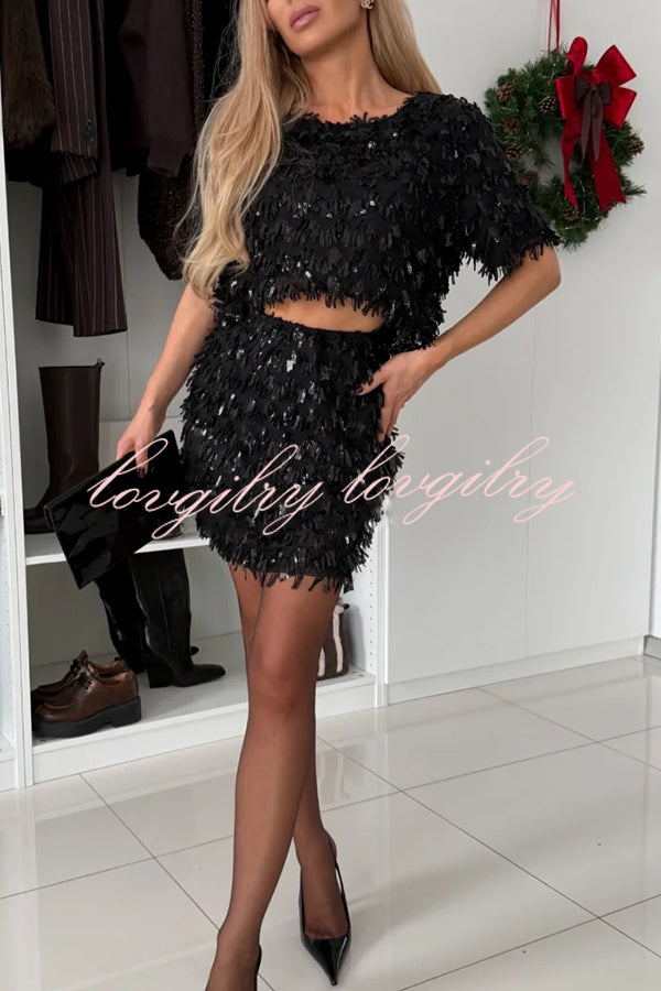 Polished Uptown Sequin Tassel Round Neck Short Sleeve Top and Elastic Waist Mini Skirt Set