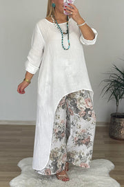 Linen Blend Crew Neck Long Sleeve Irregular Loose Top and Elastic Waist Floral Print Casual Pocket Set