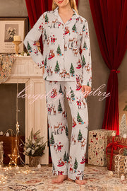 Christmas Holiday Print Long Sleeve Pocket Top and Elastic Waist Loose Pants Set