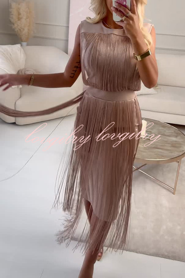 Elegant and Modern Draped Tassel Design Sleeveless Stretch Midi Dress