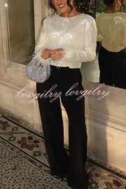 Cocktails First Sequin Button Up Long Sleeve Feather Cuff Party Top