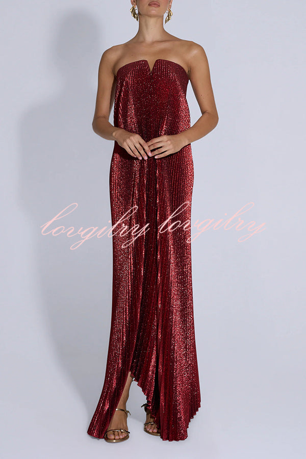 Party Time Pleated Metallic Fabric Off Shoulder Irregular Hem A-line Maxi Dress