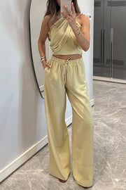 Noellie Cross Halter Neck Smocked Tank and Elastic Waist Pocketed Wide Leg Pants Set