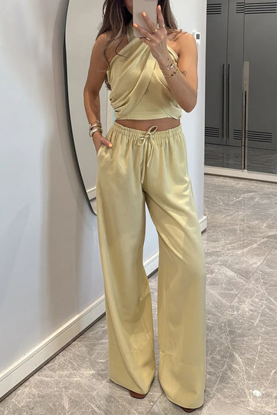 Noellie Cross Halter Neck Smocked Tank and Elastic Waist Pocketed Wide Leg Pants Set