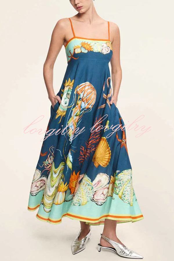 Linen Blend Unique Print Suspenders Back Pleated Pocket Resort Style Maxi Dress