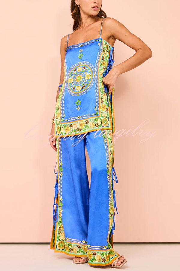 Nara Satin Unique Print Side Lace-up Tank and Elastic Waist Pocketed Wide Leg Pants Set