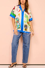 Vibrant Beach Satin Unique Print Colorblock Trim Button Down Oversized Blouse