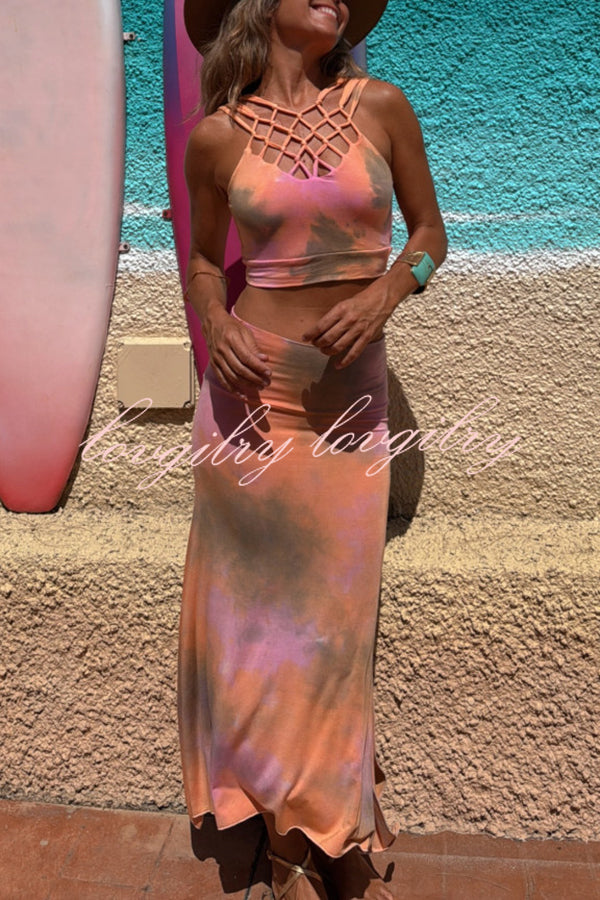 Boho Style Tie-dye Hollow Straps Neck Tank and High Rise Slit Stretch Maxi Skirt Set