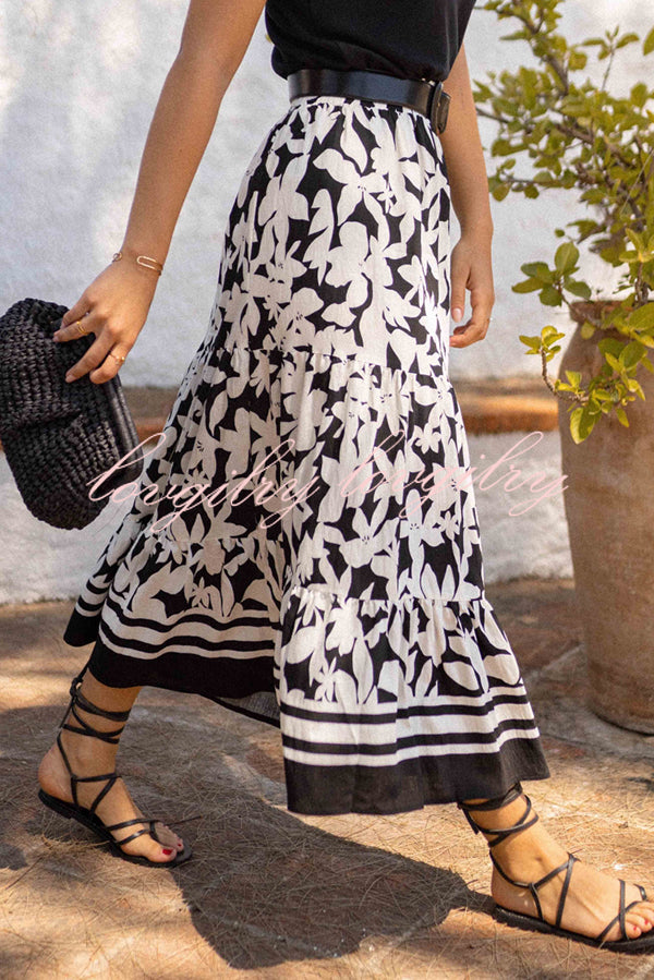 Resort Style Botanical Print Elastic Waist Loose Stitching Midi Skirt