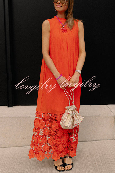 Breezy Comfort Tie-up Neck Sleeveless Floral Lace Hem Maxi Dress