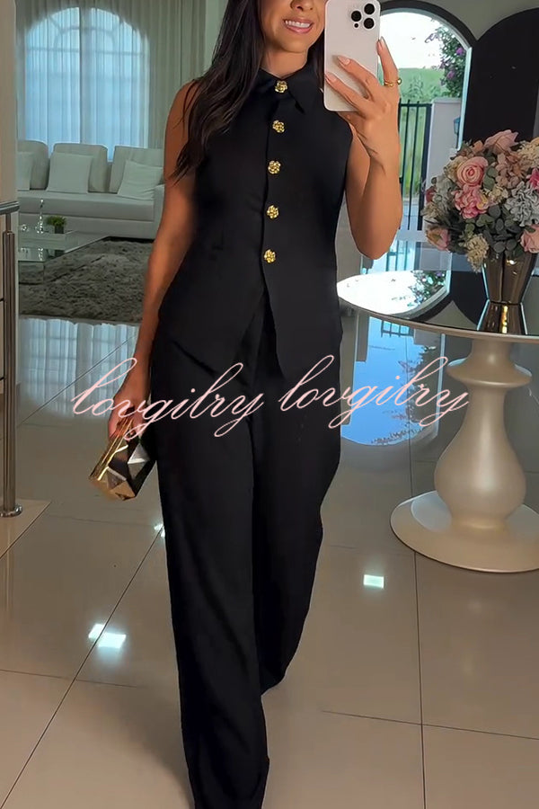 Fashion Lapel Sleeveless Button Vest and Casual Straight-leg Suit Pants Set