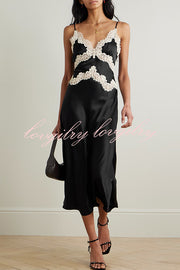 Dreaming of You Contrast Color Satin Lace Trim Back Tie-up Slip Midi Dress