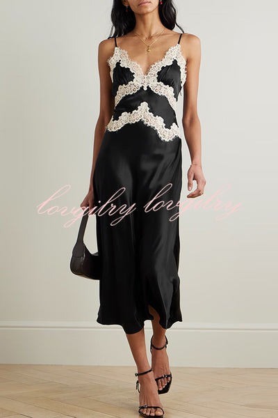 Dreaming of You Contrast Color Satin Lace Trim Back Tie-up Slip Midi Dress