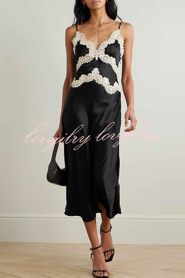 Dreaming of You Contrast Color Satin Lace Trim Back Tie-up Slip Midi Dress