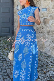 Rima Linen Blend Ethnic Print Crop Top & Tire-up Wrap Midi Skirt Set