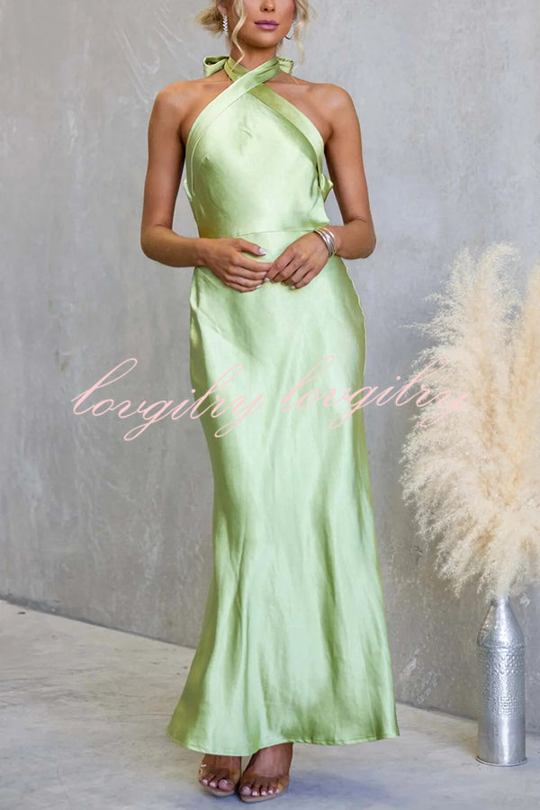 Satin Fashion Halter Backless Slim Elegant Maxi Dress