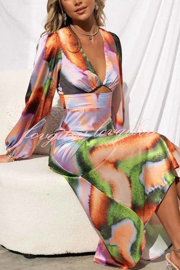 Own The Evening Satin Neon Print Cutout Midi Dress