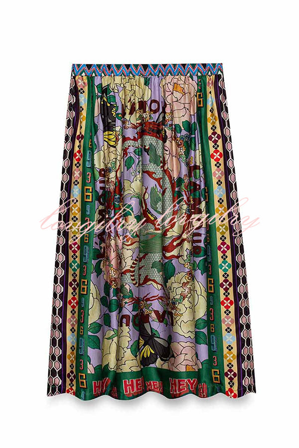 Dragon Season Unique Print Elastic Waist Pocketed Midi Skirt