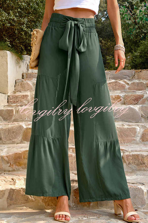 Rustic Patchwork Lace Up Pleated Wide Leg Pants