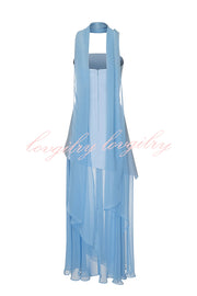 Monaco Off Shoulder Structured Top Chiffon Slit Hem Scarf Maxi Dress