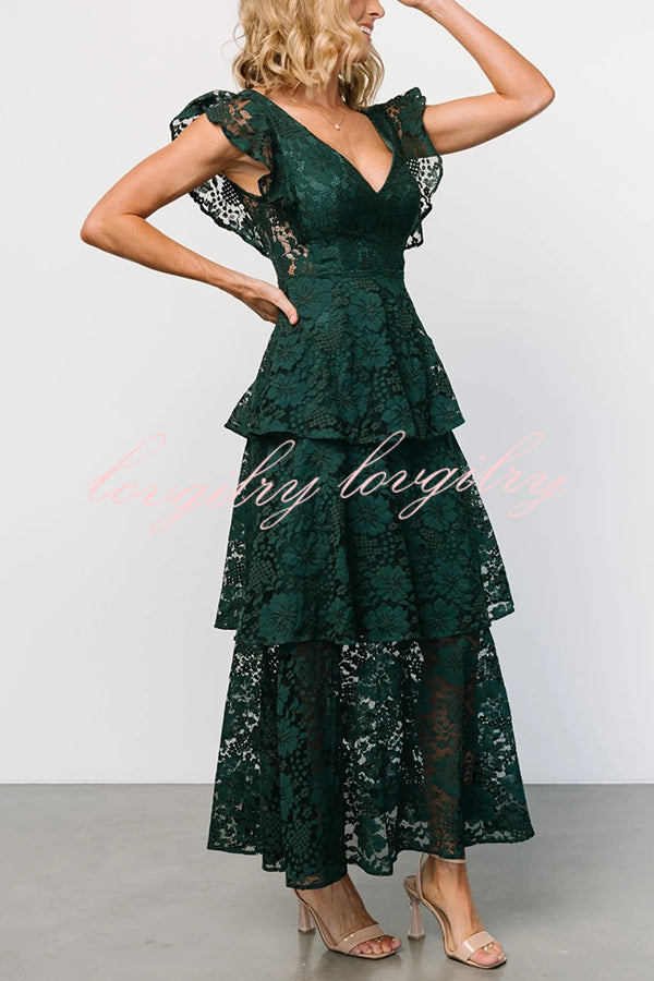 Lace V-neck Ruffled Sleeves Cinched Waist Maxi Dress