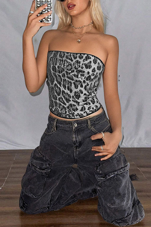 Sexy Sequined Leopard Print Off-shoulder Fitted Crop Top