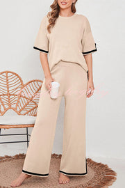 Lounge or Casual Wear Knit Patchwork Color Block Short Sleeve Top and Elastic Wide Leg Pants