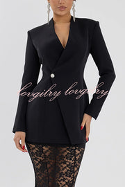 Poetic Muse Stand V-neck Rhinestone Button Up Long Sleeve Blazer