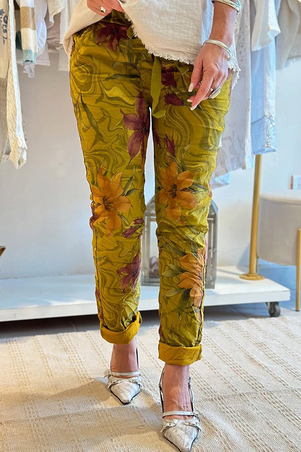 Floral Print Elastic Waist Casual Pocket Pants