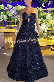 Sparkling Sky Sequin Satin Bow Detail Off Shoulder Prom Maxi Dress