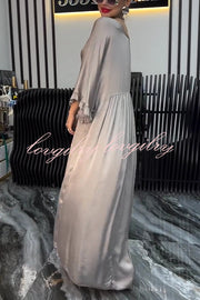 Satin Solid Color V-neck Lotus Leaf Sleeve Loose Pleated Maxi Dress
