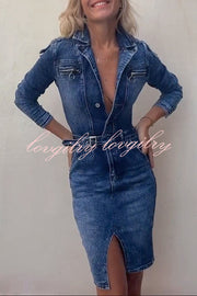 Autumn Treasure Washed Denim Button Up Pocketed Shirt Mini Dress