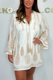 Fashionable Embroidered Pattern V-Neck Trumpet Sleeve Loose Mini Dress