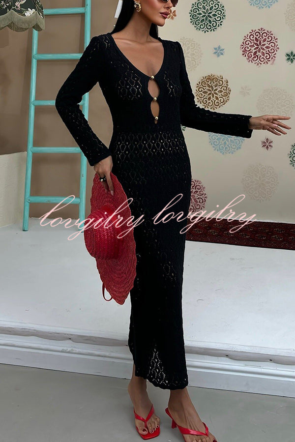 Fashion V-neck Long-sleeved Hollow Slim Maxi Dress
