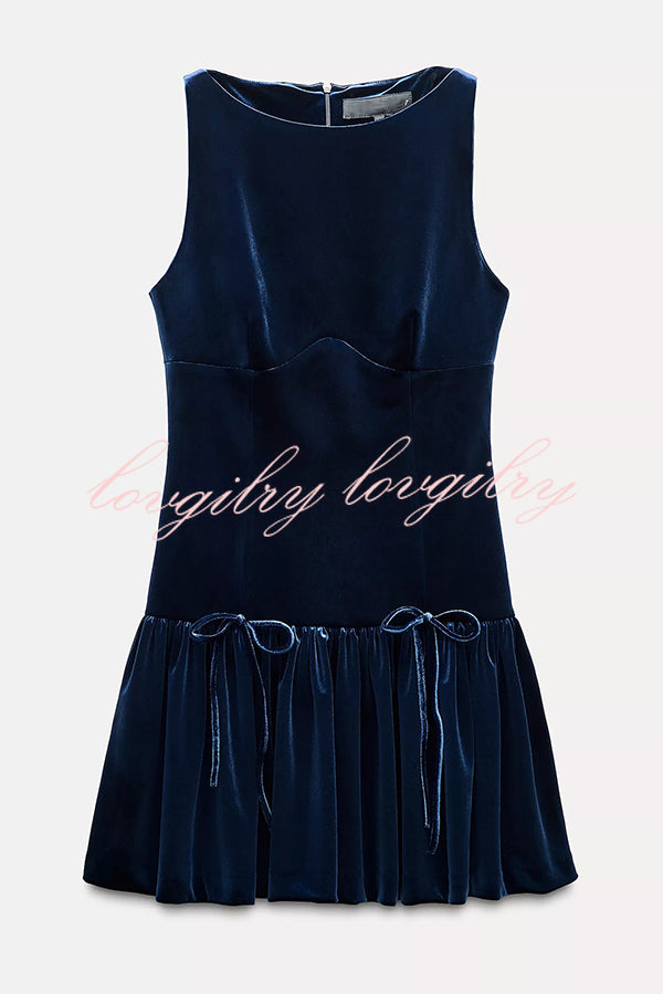 Solid Velvet Bow Embellished Sleeveless Mini Dress