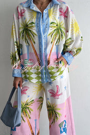 Holiday Style Print Loose Long Sleeve Shirt and Elastic Waist Loose Pocket Wide Leg Pants Set