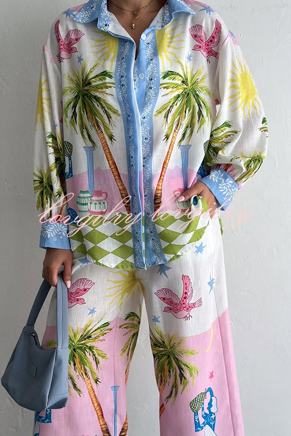 Holiday Style Print Loose Long Sleeve Shirt and Elastic Waist Loose Pocket Wide Leg Pants Set