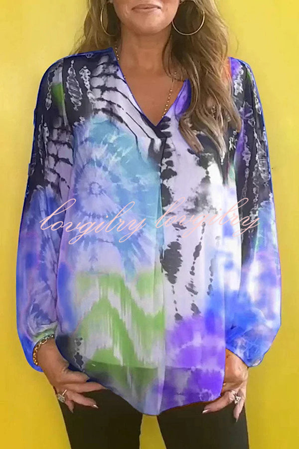 Fashionable Gradient Tie-dye V-neck Long Sleeve Shirt