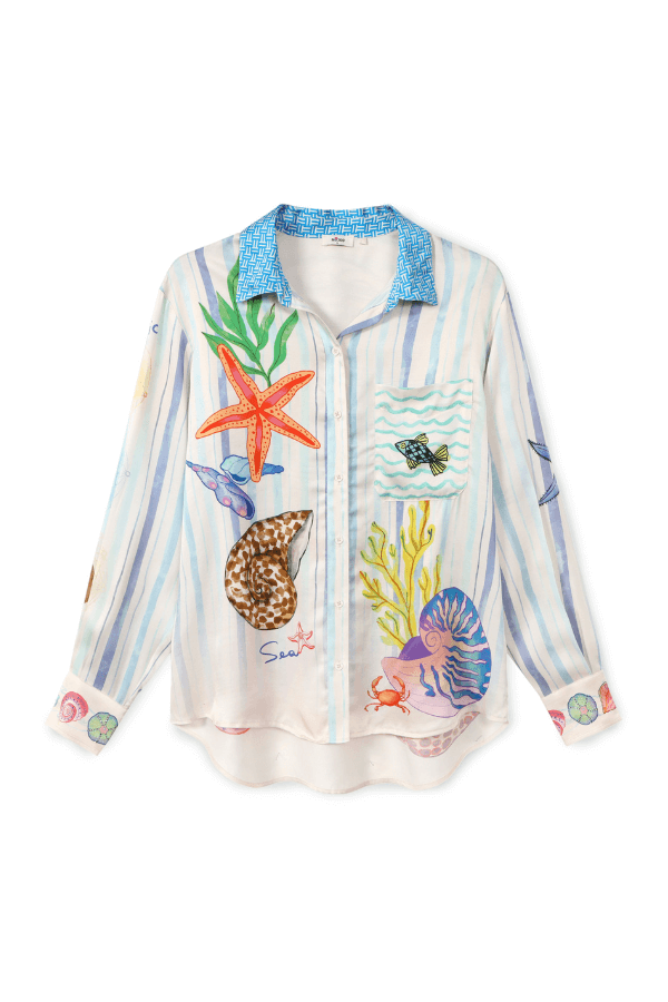 Dream Ocean Satin Unique Print Button Down Pocket Oversized Blouse