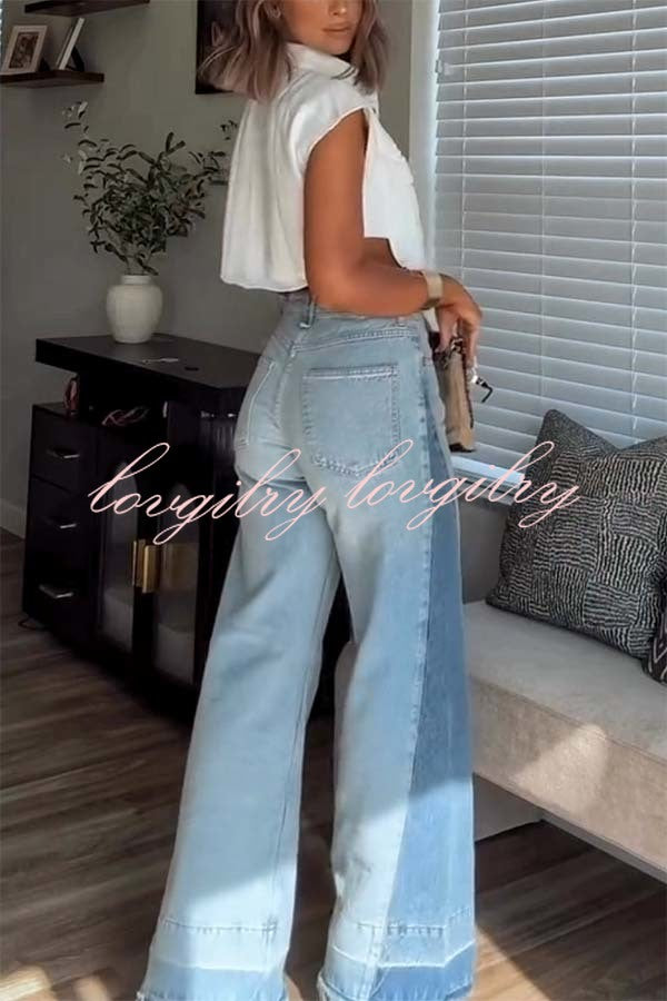 Ellison Denim Side Colorblock High Rise Pocket Wide Leg Jeans