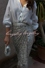 Disco Dancing Queen Sequin Wrap Tie-up Slit Midi Skirt